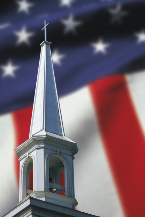 Church steeple with American flag